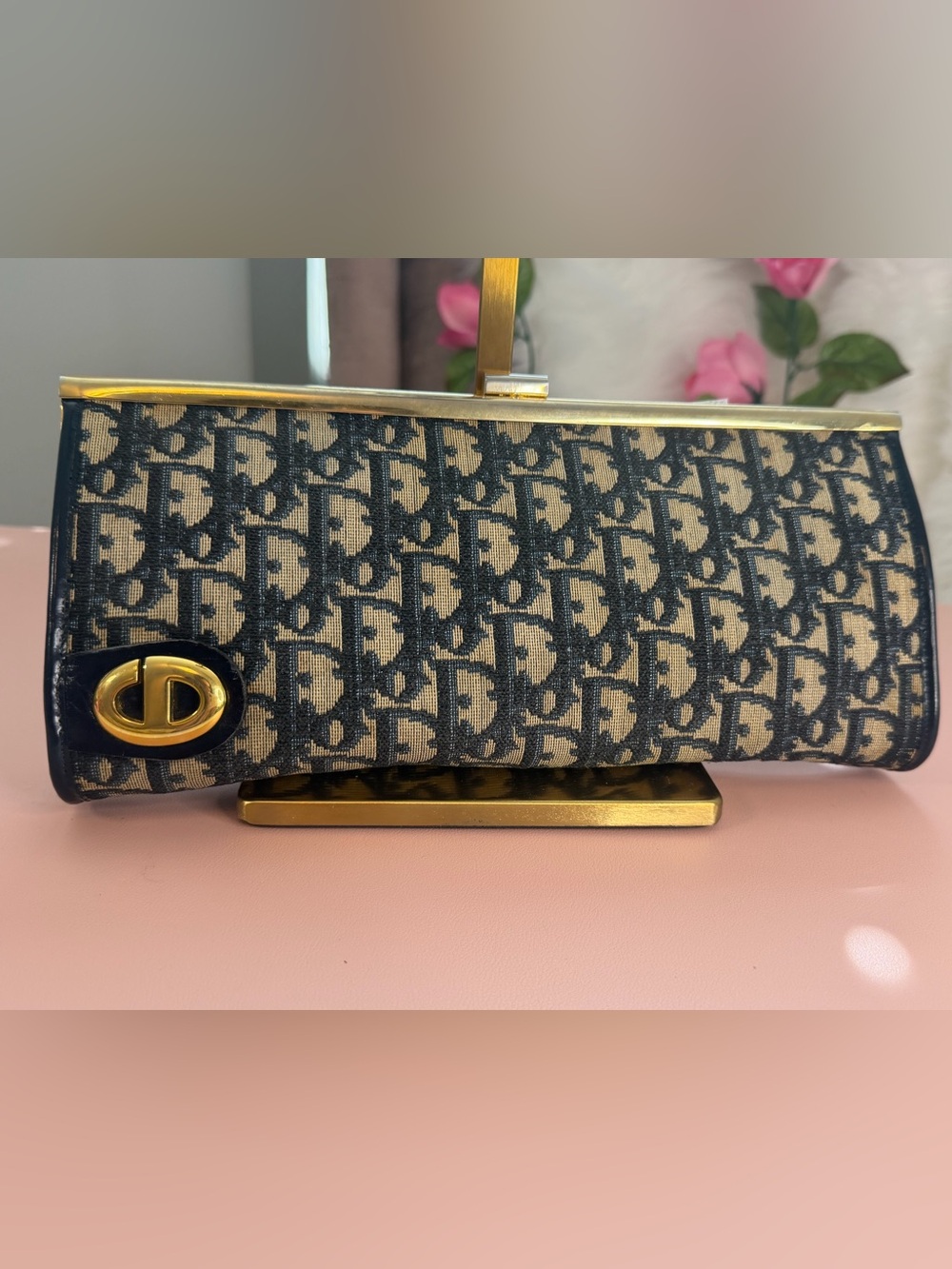 Vintage Christian Dior Blue Trotter Oblique Canvas Kisslock Clutch Bag 1980s